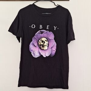 Obey Black Tee with Purple Skull Flower